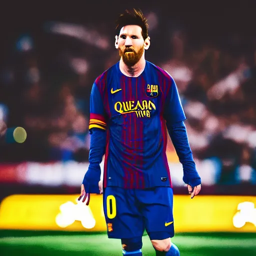 Prompt: cinematic still of Lionel Messi in Juassic World (2015), XF IQ4, f/1.4, ISO 200, 1/160s, 8K, RAW, dramatic lighting, symmetrical balance, in-frame