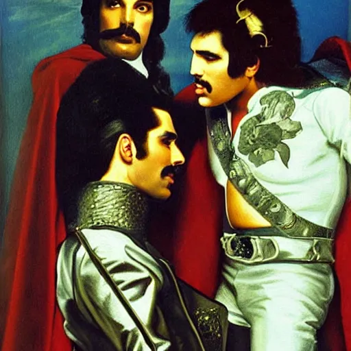 Image similar to freddie mercury and elvis painted by diego de velazquez