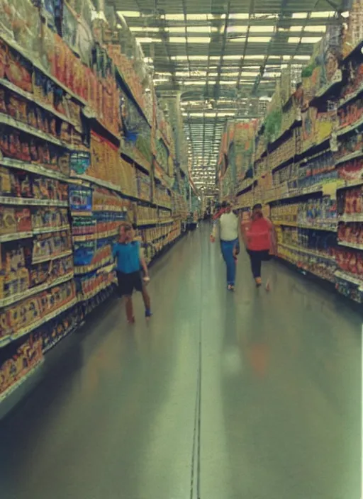 Image similar to first person view. walking through a costco in 1 9 9 7. blurry polaroid