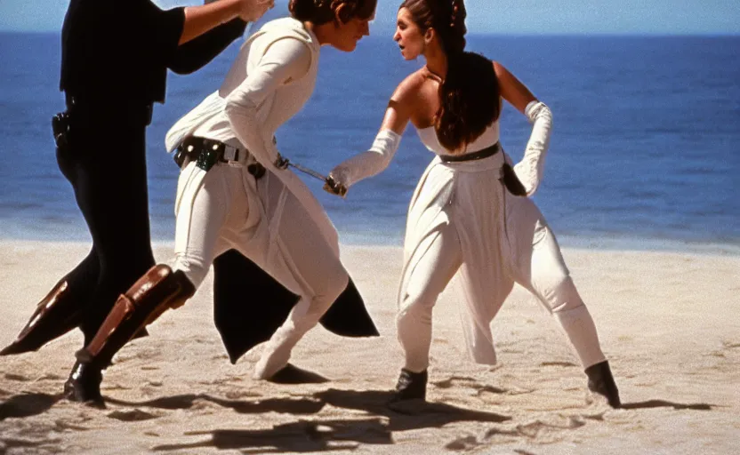 Image similar to portrait Princess Leia using lightsaber against Luke Skywalker on the beach, 1980s film directed by Stanley Kubrick, iconic scene, carrie fischer's photoreal face, stunning cinematography, hyper-detailed, sharp, anamorphic lenses, kodak color, 4k