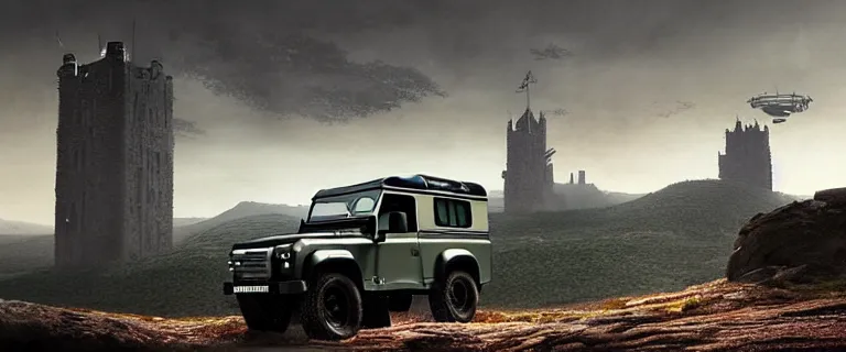 Image similar to Land Rover Defender 110 (1985), an epic fantasy, dramatic lighting, cinematic, establishing shot, extremely high detail, photorealistic, cinematic lighting, artstation, by simon stalenhag, The Elder Scrolls IV: Oblivion, Green Cyrodiil plains, Imperial City with the Adamantine Tower in the middle in the distance, at day