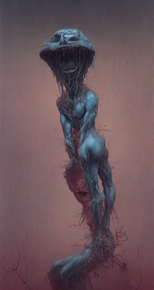 Image similar to Painting in a style of Beksinski featuring a giant alien crying. Pain and suffering in the background