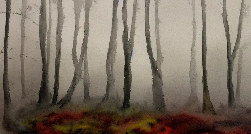 Image similar to watercolor painting of a forest in the fog by the ocean, peaceful,