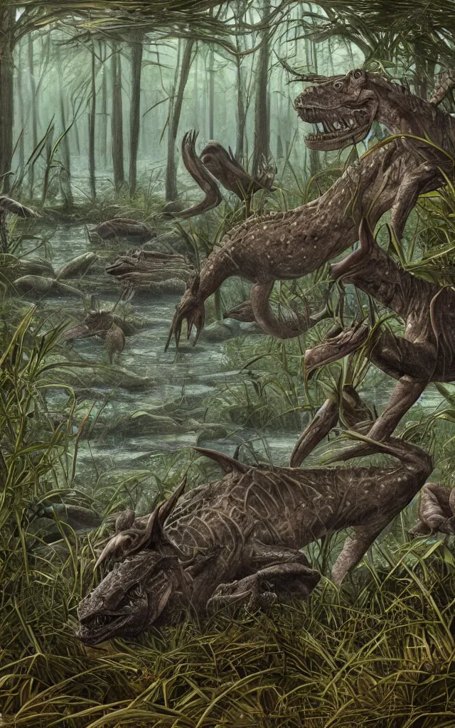 Prompt: lot of diplocaulus and hallucigenias living in a swamp, photorealistic, highlydetailed, paleoart