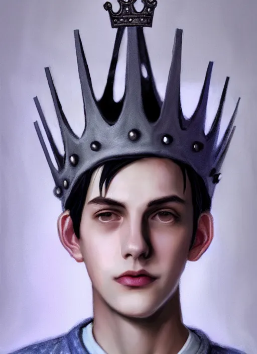 Image similar to portrait of teenage jughead jones wearing a light grey crown, photorealistic, crown made of fabric, grey crown with pin badges, crown with pins, black hair, intricate, elegant, highly detailed, digital painting, glowing lights, artstation, concept art, smooth, sharp focus, illustration, art by wlop, mars ravelo and greg rutkowski