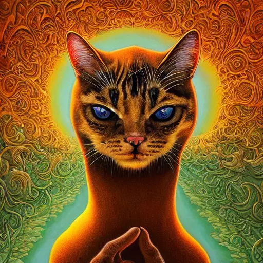 Image similar to a cat having an ego trip, by alex grey, by Esao Andrews and Karol Bak and Zdzislaw Beksinski and Zdzisław Beksiński, trending on ArtStation