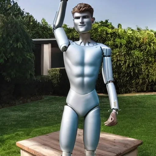 Image similar to a realistic detailed photo of a guy who is an attractive humanoid who is half robot and half humanoid, who is a male android, soccer player timo werner, shiny skin, posing like a statue, blank stare, by the pool, on display, showing off his muscles, humanoid robot, frozen ice statue, made of ice