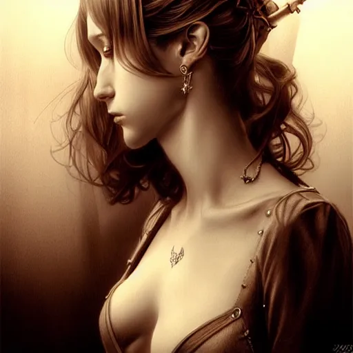 Image similar to in the style of rob hefferan, artgerm, beautiful taissa farmiga, steampunk, elegant pose, middle shot waist up, symmetrical face symmetrical eyes, cinematic lighting, detailed realistic eyes, short neck, insanely detailed and intricate elegant