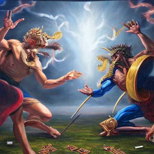 Prompt: a hyper realistic painting of every god having an all out duel, it is the end of all time and no one will survive