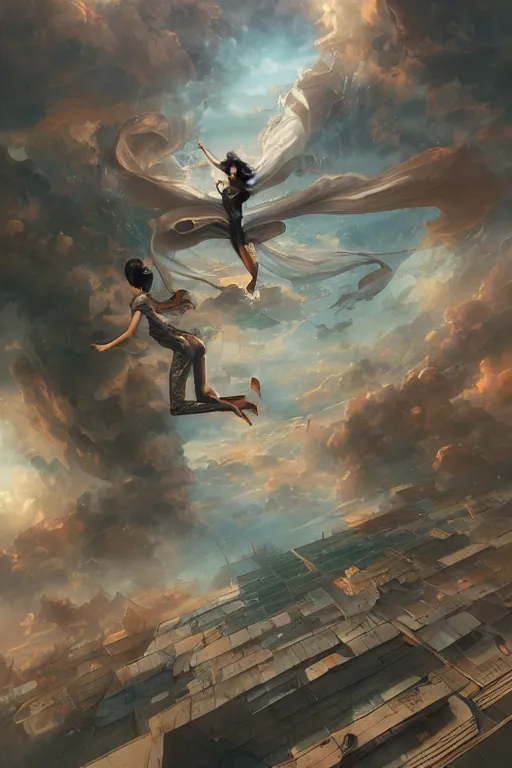 Image similar to detective falling through the sky, city, by peter mohrbacher, artgerm, karol bak, loish, ayami kojima, james stokoe, highly detailed, ultra detailed, ultra realistic, trending on artstation