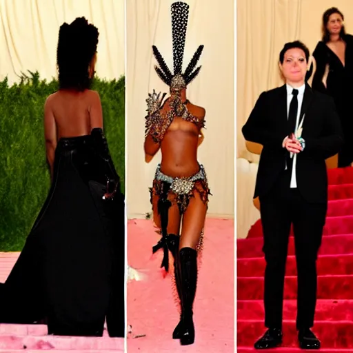 Image similar to A anthro metal fork at the Met Gala, female with a fork for a head