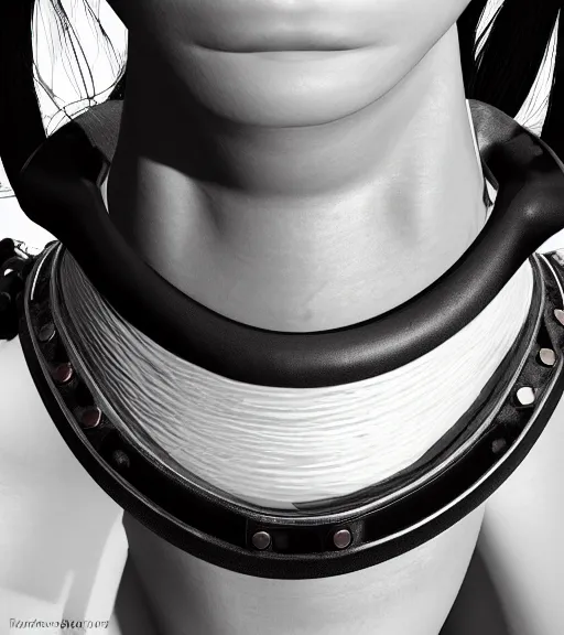 Image similar to detailed realistic female character cyberpunk wearing thick steel collar around neck, realistic, art, beautiful, 4K, collar, choker, collar around neck, punk, artstation, detailed, female, woman, choker, cyberpunk, neon, punk, collar, choker, collar around neck, thick collar, tight around neck, punk, neon,