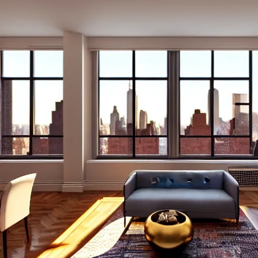 Image similar to Interior of a New York City apartment during golden hour, realistic