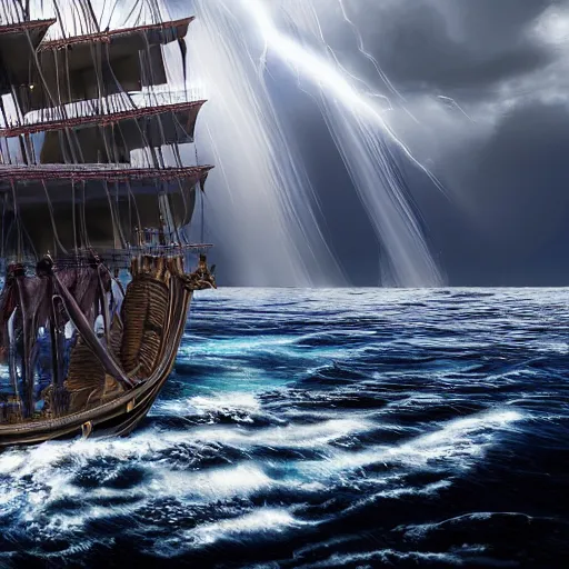 Image similar to pirate ship from one piece sailing, dynamic sky, storm sky, with light piercing through stormy clouds, birds near the ship, rough sea, crepuscular rays, volumetric lighting, pixiv art, cgsociety, highly detailed