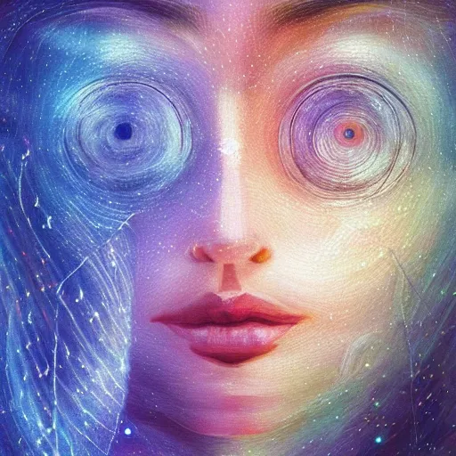 Image similar to beautiful detailed artistic portrait of a person travelling between different astral planes. the universe observing itself. grainy and rough. fine detail. soft colour scheme. artistic painting by lurid ( 2 0 2 2 ). featured on deviantart.