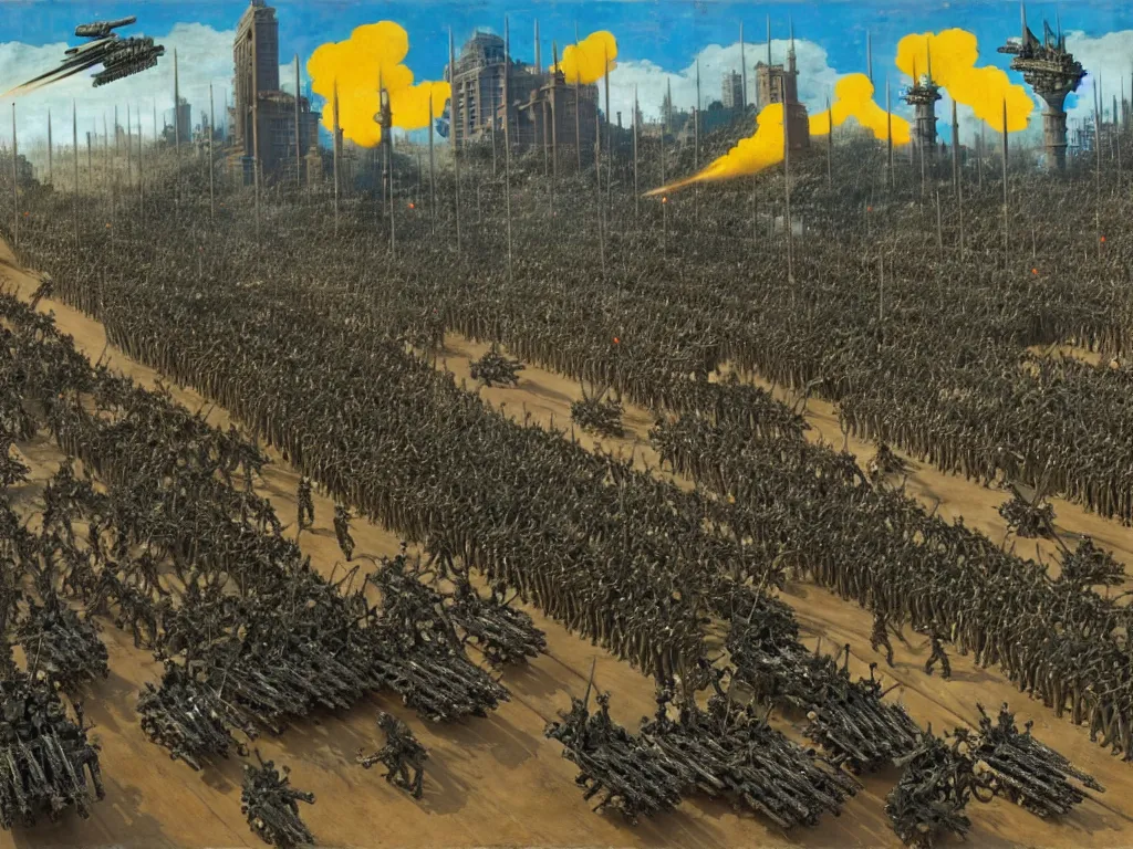 Prompt: armies marching parade with infantry, vehicles and rocket launchers, futuristic alternate timeline, communist hordes, art by max ernst