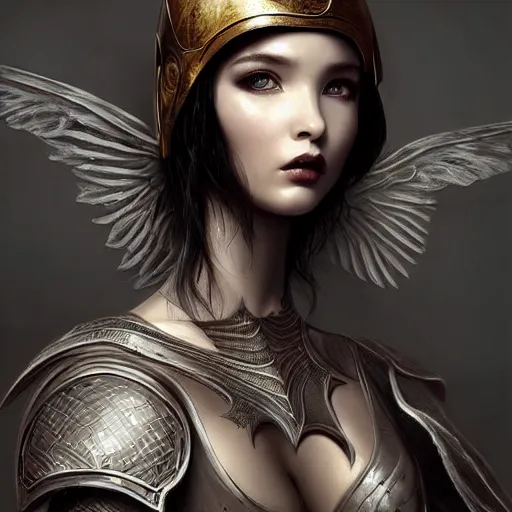 Image similar to tom bagshaw, very beautiful genetic mix of dove cameron madison beer bella poarch in a dark fantasy warrior armor, winged helm, thin gothic makeup, professionally retouched, focus eyes, ultra realistic soft painting, insanely detailed linework, symmetrical accurate intricate features, behance artstation, 8 k