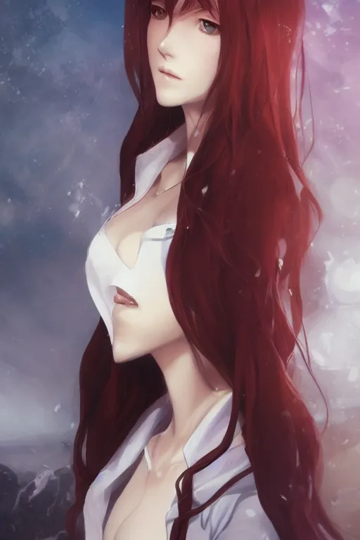 Image similar to highly detailed portrait of makise kurisu from steins gate laying, sensual, labcoat, fantasy art, by charlie bowater, by greg rutkowski, photorealistic, detailed and intricate environment, trending on artstation, trending on pixiv