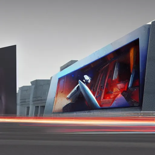 Image similar to sci-fi cars : wall near structure on : the coronation of napoleon painting : and digital billboard in the middle, in style of zaha hadid, suprematism composition, unreal engine 5, keyshot, octane, artstation trending, ultra high detail, ultra photo realistic, 8k, 16k, in plastic, dark, tilt shift,