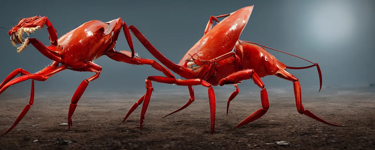 Image similar to creature design, a gazelle with red crustacean carapace, fiddler crab claws, palp eyes, cryptid, cinematic lighting, octane render, cinematic aura lighting, atmospheric, photorealistic, hyperdetailed 3 d matte painting, hyperrealism, hyperrealistic