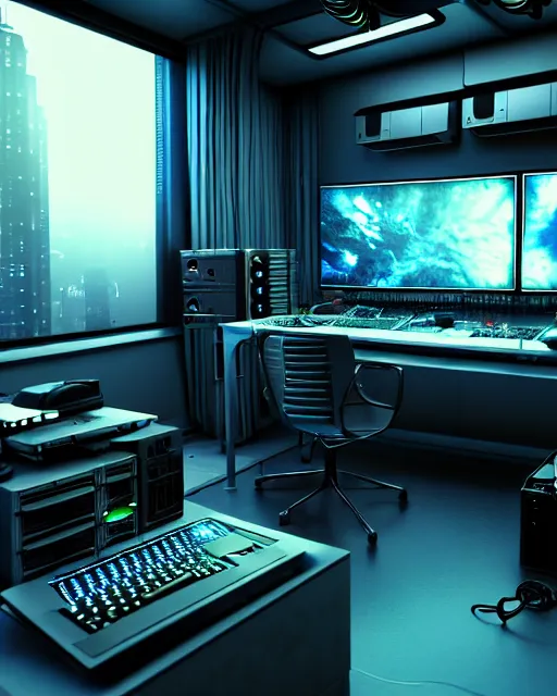 Prompt: artstation scifi scene of a complex computer workstation in a small studio apartment room, many monitors, many electronics, a window view, very detailed, maximalism, ambient occlusion, volumetric light, sun rays, atmospheric haze, unreal engine, hyper realism, realistic shading, cinematic composition, realistic render, octane render, detailed textures, photorealistic, wide shot