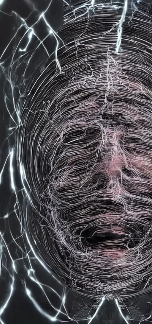 Image similar to horror picture of elon musks face dissolving into tubes and wires, 4K,