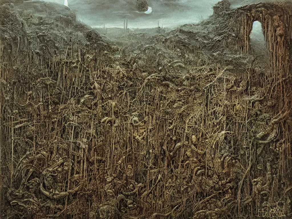 Image similar to landscape by H.R. Giger, Zdzislaw Beksinski, Todd McFarlane