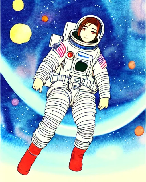 Image similar to oriental water color of a cute thicc female astronaut, floating through space, backlit, realistic anime