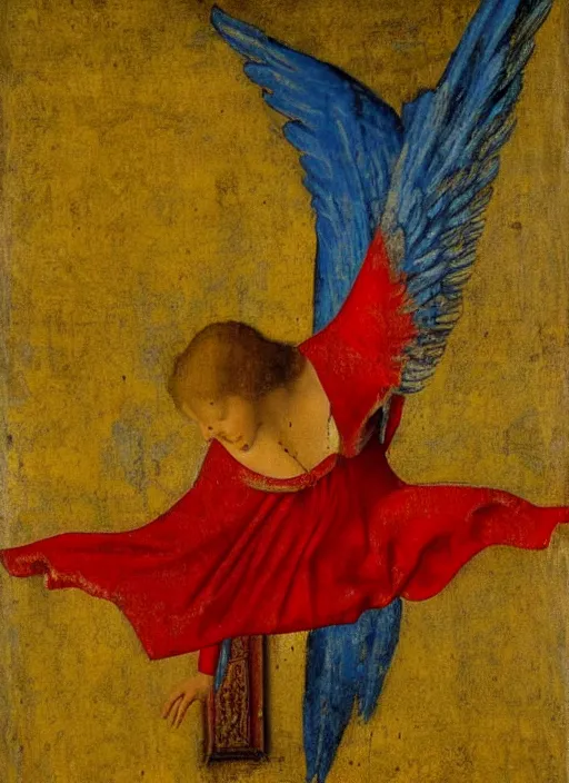 Image similar to Flying Fallen Angel with wings dressed in red, Medieval painting by Jan van Eyck, Johannes Vermeer, Florence