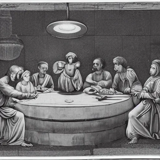 Image similar to A beautiful street art of a group of people standing around a circular table. In the center of the table is a large, open book. The people in the street art are looking at the book with interest and appear to be discussing its contents. Phoenician, nuremberg chronicle by Edward Weston a e s t h e t i c, soothing