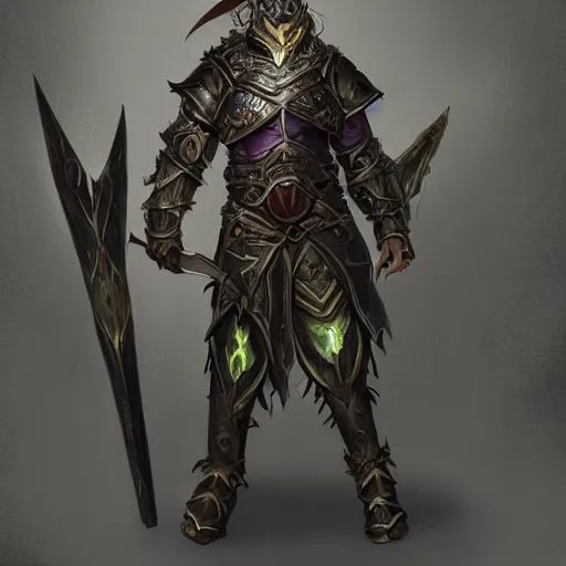 Prompt: fantasy magic warrior, dungeons and dragons, heavily armored, magical aura, hyper realistic, 8k, weapon and shield, glowing eyes, elf orc hybrid