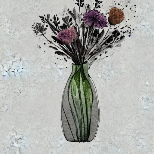 Image similar to monochrome watercolor high vase with dry flowers, background shifon