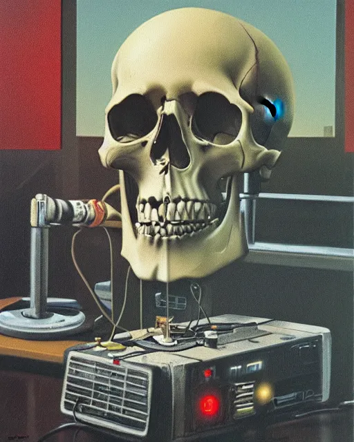 Image similar to a skull observing 8 0 s era technology, vintage shapes, retro technology, vintage color, wayne barlow, oil on canvas, deep depth of field, masterpiece, cinematic composition, hyperdetailed