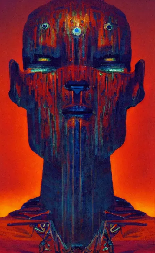 Image similar to portrait of mecha african tribal chief, symmetrical, dramatic lighting, colourful, art by zdzislaw beksinski,