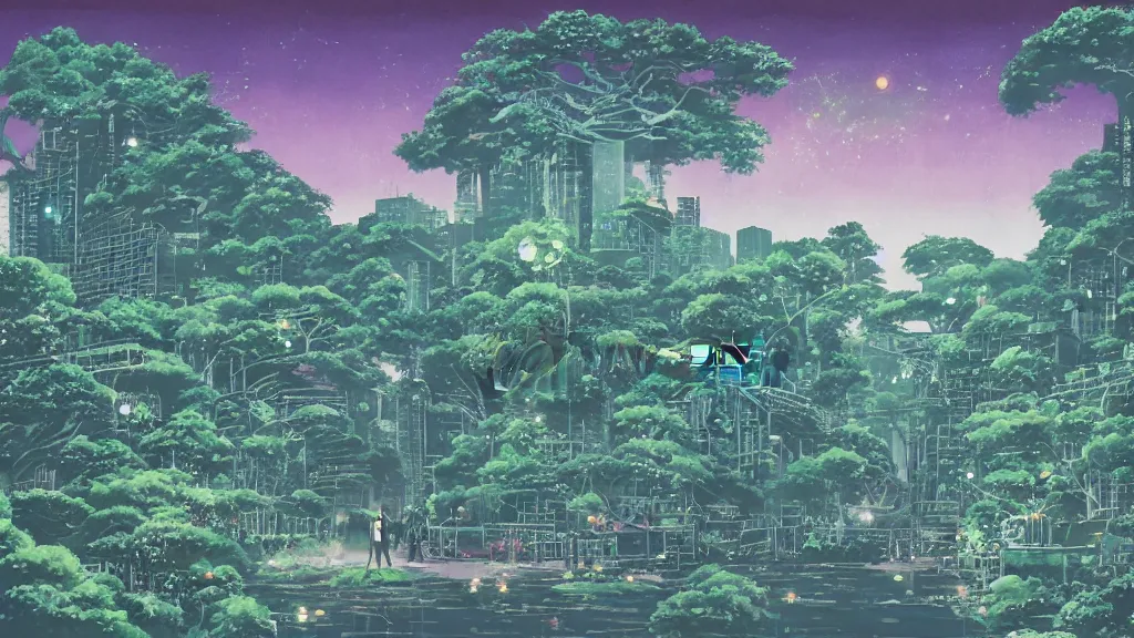 Image similar to tokyo japan with overgrown bioluminescent fungus and strangler fig, anime background, interior, gouache, hand painted, in the style of kazuo oga, studio ghibli