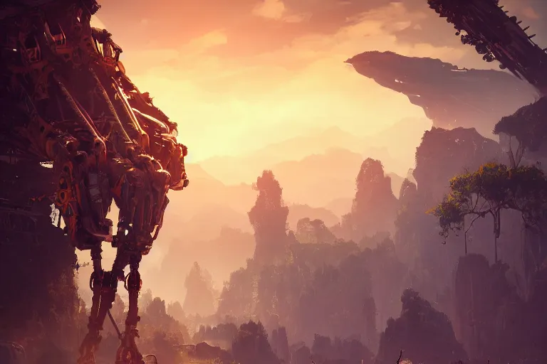 Image similar to tallneck machine mecanical creature robot of horizon forbidden west horizon zero dawn radiating a glowing aura global illumination ray tracing hdr fanart arstation by ian pesty and alena aenami artworks in 4 k