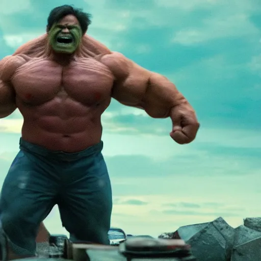 Prompt: film still of Danny Devito as Hulk in Avengers Endgame