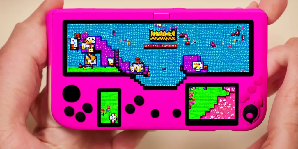 Image similar to handheld game console, hotpink, playing pocket monster game, pixel art