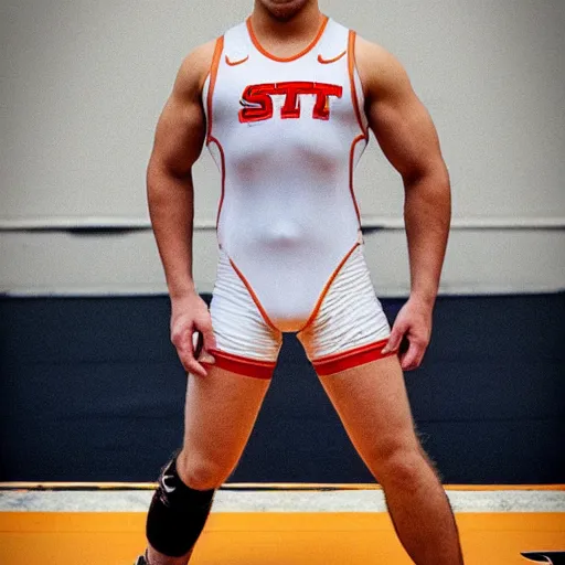 Image similar to “a realistic detailed photo of a American college wrestler called Daton Fix from Oklahoma State University wearing his wrestling singlet”