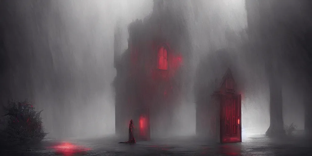 Image similar to fantasy depiction of the realm of shadows shrouded by mist trails leading to a red door, low saturation, high contrast, mostly greyscale, eerie disturbing lighting, in the style of marcin rubinkowski, greg rutkowski, lorenzo lanfranconi, oleg zherebin, trending on artstation