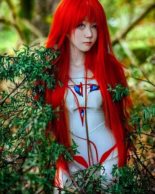 Image similar to very beautiful and cute Asuka Langley (face by Ross Tran) from neon genesis evangelion as a real slavic person dressed as a slavic priestess in holy birch forest in spring, 35mm, iPhone photo, HDR, DSLR, cinematic, trending on Instagram, 8k, 4k