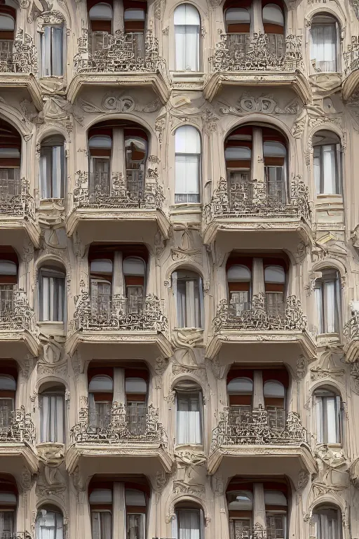 Image similar to Tall apartment on an art nouveau street, balconies, Baroque columns with intricate carvings, highly detailed, cinematic, cgsociety 8k