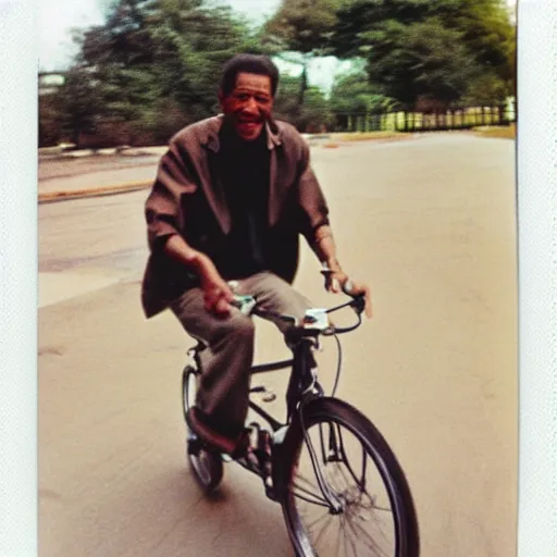 Image similar to young morgan freeman learning to ride a bike, polaroid photo