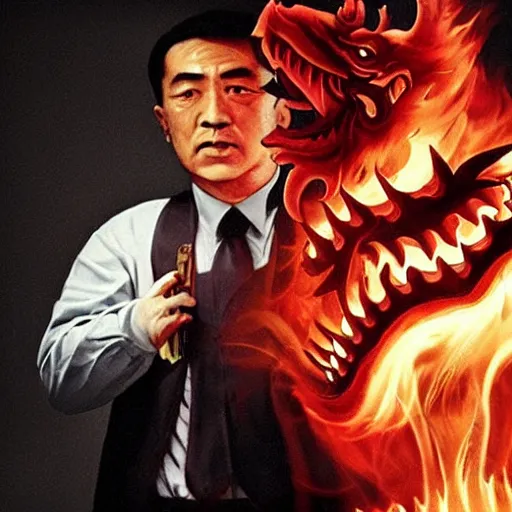 Prompt: A mafia man with a tobacco in his left hand, behind him is a Chinese dragon emanating a red aura of danger.