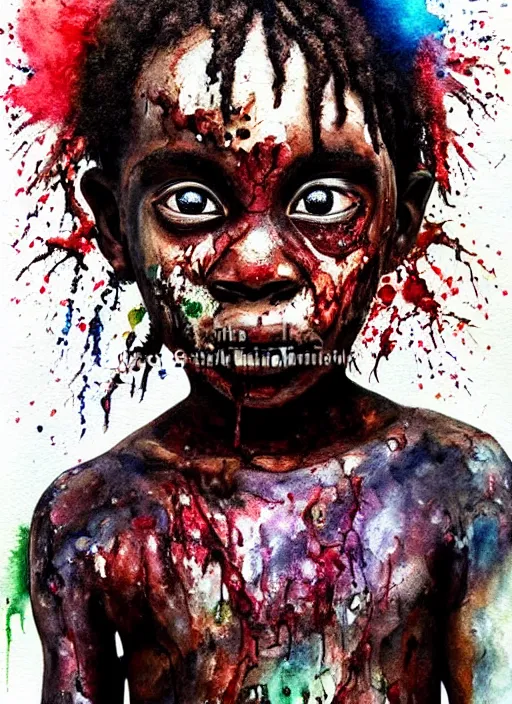 Prompt: african american child zombie hollywood artwork professional acting headshot, hyperrealism, intricate detail, studio lighting, charming expression gesicht, hauntingly beautiful zombie, watercolor art, epic, legendary, drawn and painted, colored layers, dulled contrast, exquisite fine art, splatterpaint