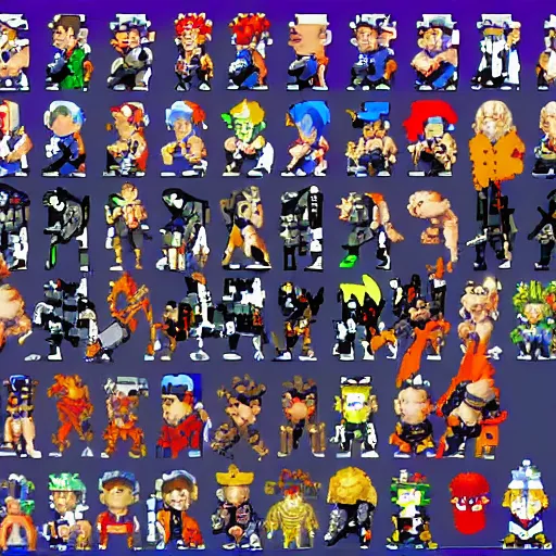 Prompt: pixel art of street fighter alpha 3 character select featuring a bunch of characters from tsutomu nihei