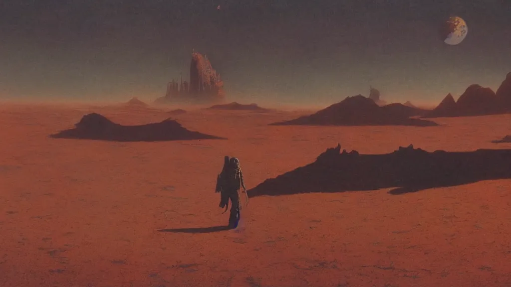 Image similar to emissary space by arthur haas and bruce pennington and john schoenherr, cinematic matte painting, photo realism, dark color palate, desert mars