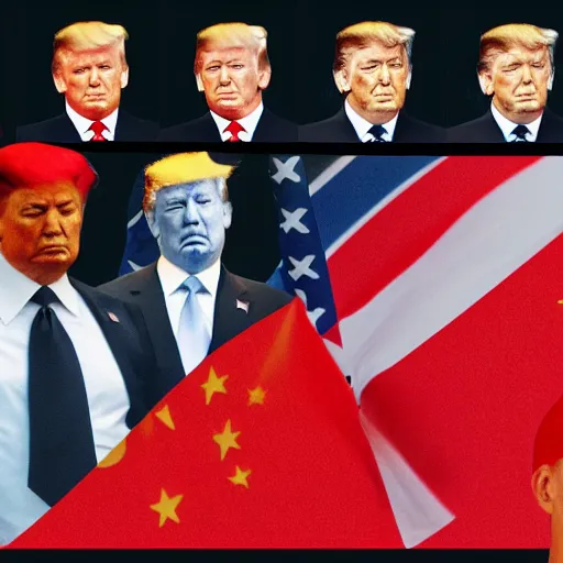 Prompt: obama with an american flag wrapped around his head, trump and putin in greyscale look on forebodingly in the background, red chinese flowers in the background, chinese characters in the foreground