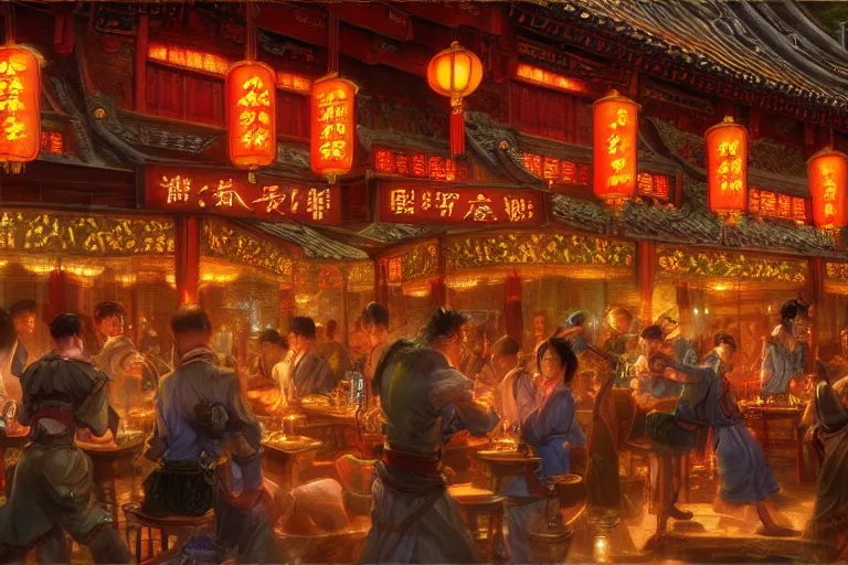 Image similar to fantasy art of a bustling tavern in china, at night, by ralph horsley, highly detailed digital art, trending on artstation