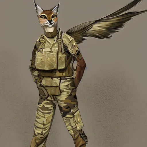 Prompt: very very beautiful avian furry art, male cute caracal wearing desert camo combat uniform, outstretched wings, commission on furaffinity, highly detailed digital art